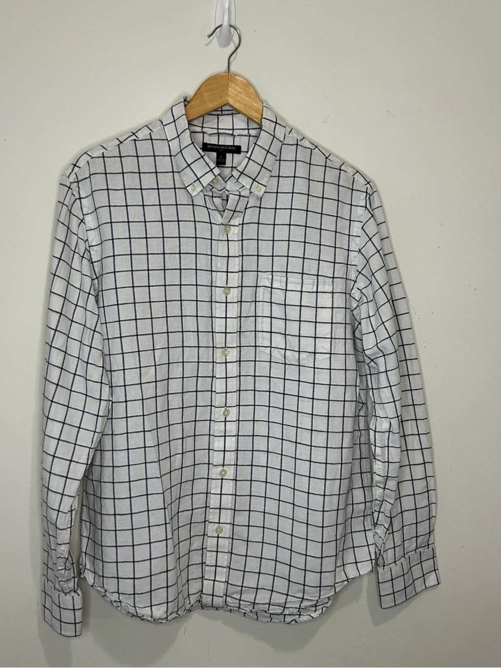 Banana Republic White Blue Windowpane Check Cotton Shirt Men's Large